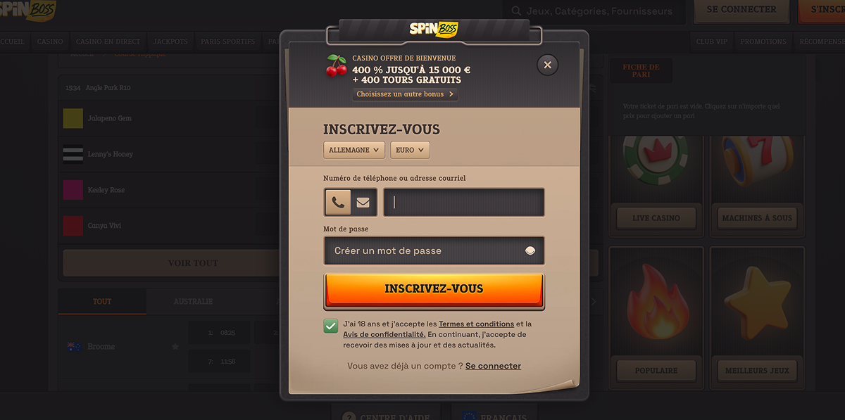 S'inscrire sur Spin Boss Casino