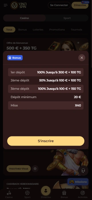 Bonus de Bienvenue en Casino VinciSpin Vinci-Spin Casino en Ligne Presente Code Bonus et Code Promo pour Jouer